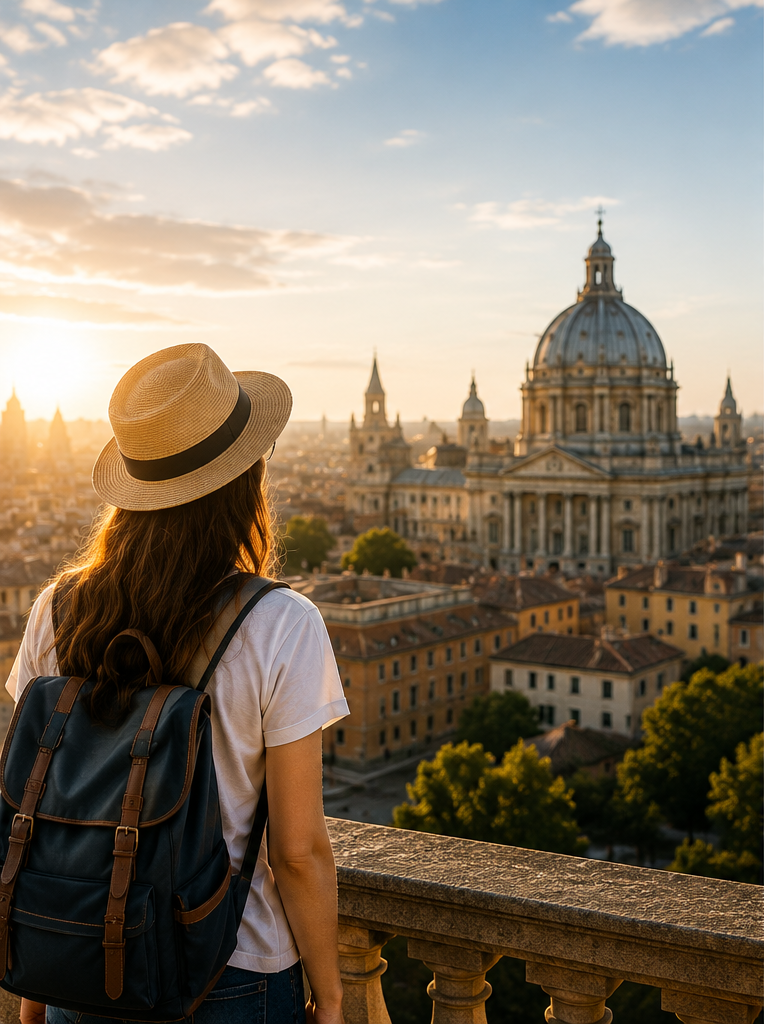 A student with a backpack looking out over a European city skyline at sunset.