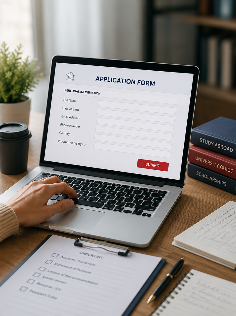 A laptop open to an online university application form, ready to submit.