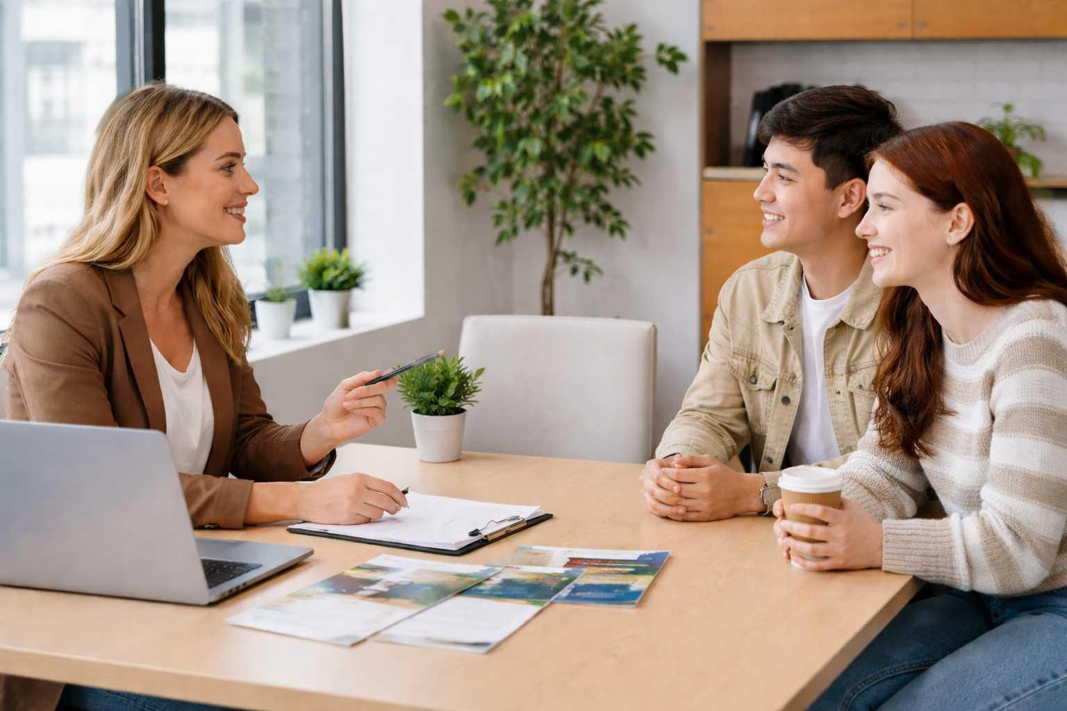 A study-abroad advisor discussing options with two prospective students.
