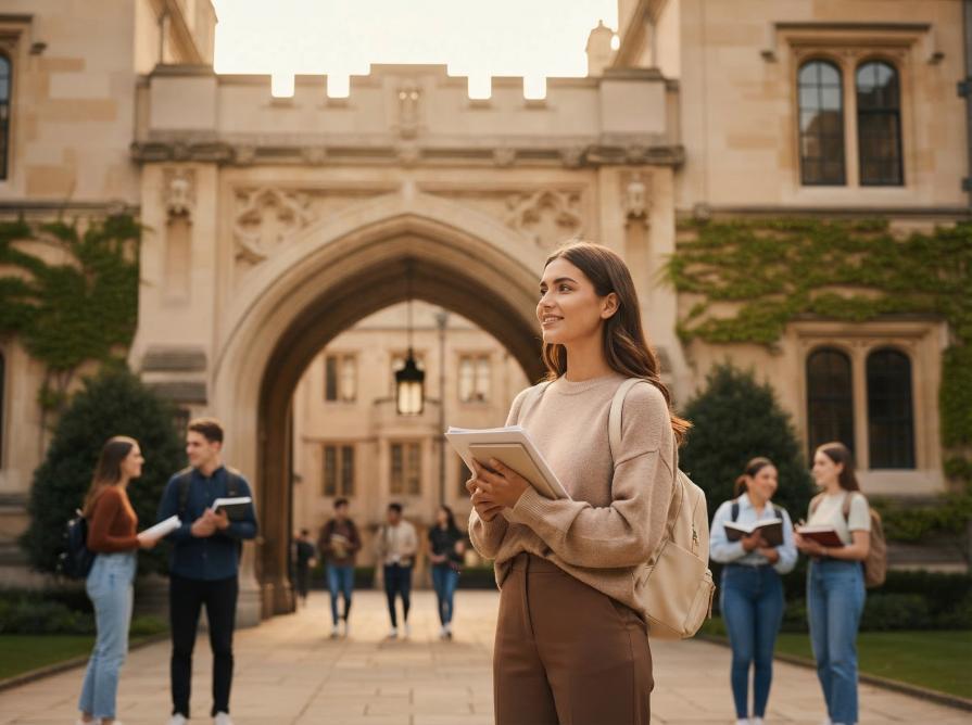 A student with a backpack standing in front of a university archway.