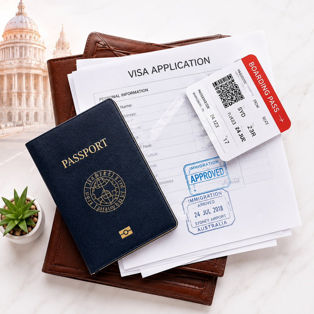 A passport, visa application form and boarding pass laid out together, ready for a study-abroad journey.